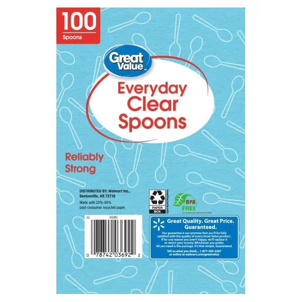 Great Value Premium Clear Disposable Plastic Spoons, Clear, 100 Count - Amado Deals - wholesale and distributors with free shipping in United States Great Value Premium Clear Disposable Plastic Spoons, Clear, 100 Count - Amado Deals - wholesale and distributors with free shipping in United States